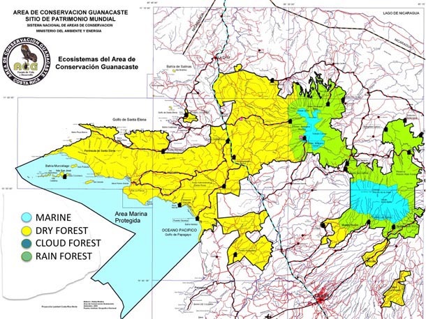 A map of ACG in Costa Rica zoned into four major ecosystems