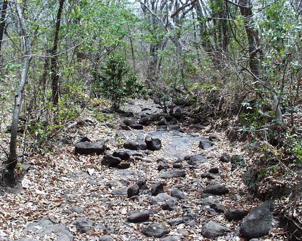 Dry riverbed with volcanic rocks