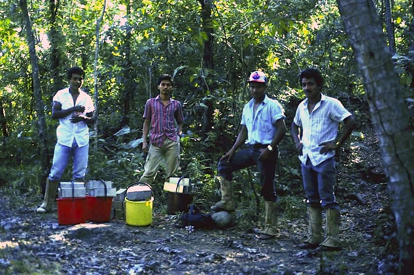 4 young men in field clothes standing beside buckets of mouse livetraps.