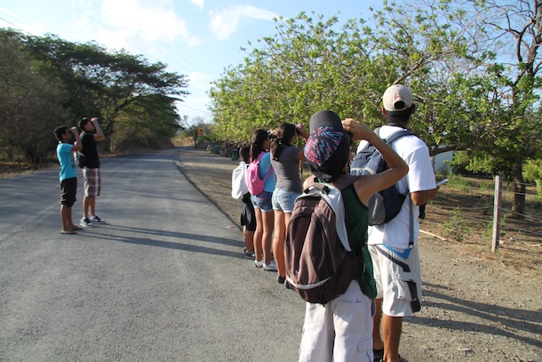 Young people looking through binoculars at birds at roadside