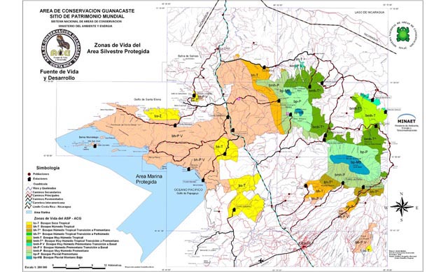 A map of ACG in Costa Rica zoned into the habitat-classification scheme called Holdridge Life Zones