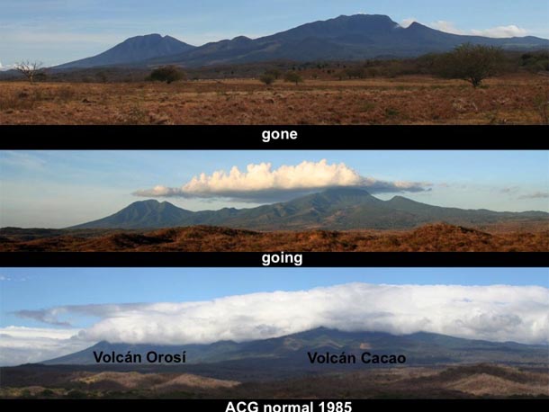 3 photos of Orosi and Cacao volcanoes, one with heavy clouds, one with fewer higher clouds, and one with no clouds