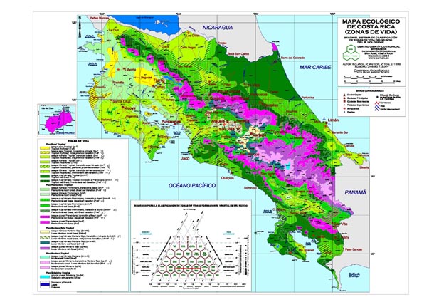 Brightly colored map of country of Costa Rica showing Holdridge life zones