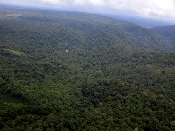 Mosaic of old forest, second growth forest and pasture on the slopes of a river valley and mesa above